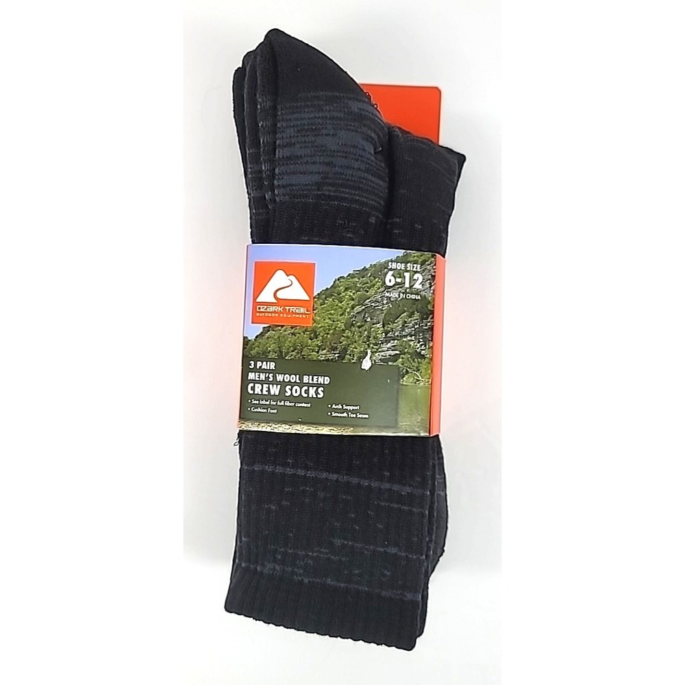 Men's Ozark Trail Wool Blend Crew Socks 3 Pair Size 6-12 Black Soot